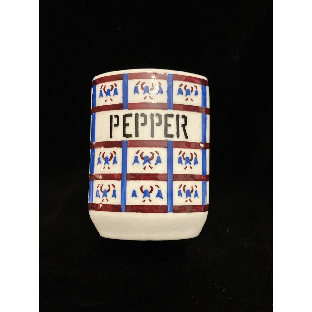 Spice Pepper Crock Jar Blue Red Checkered Czechoslovakia No Lid VTG Ceramic